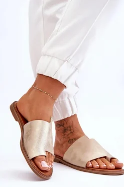 New Evento Damskie Skórzane Klapki Japonki Jasnozłote Amite Złoty