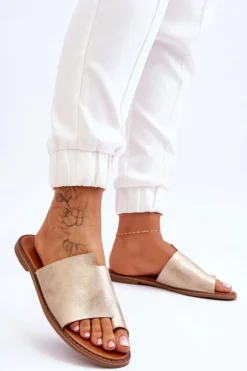 New Evento Damskie Skórzane Klapki Japonki Jasnozłote Amite Złoty