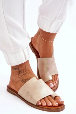 New Evento Damskie Skórzane Klapki Japonki Jasnozłote Amite Złoty