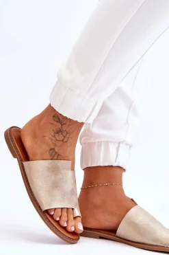 New Evento Damskie Skórzane Klapki Japonki Jasnozłote Amite Złoty