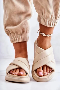 New Damskie Skórzane Klapki La.Fi Beżowe Silla Damskie Klapki Damskie Klasyczne