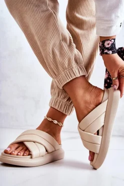 New Damskie Skórzane Klapki La.Fi Beżowe Silla Damskie Klapki Damskie Klasyczne