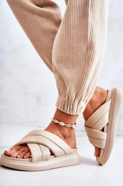 New Damskie Skórzane Klapki La.Fi Beżowe Silla Damskie Klapki Damskie Klasyczne