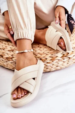 New Damskie Skórzane Klapki La.Fi Beżowe Silla Damskie Klapki Damskie Klasyczne