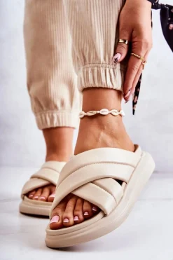 New Damskie Skórzane Klapki La.Fi Beżowe Silla Damskie Klapki Damskie Klasyczne