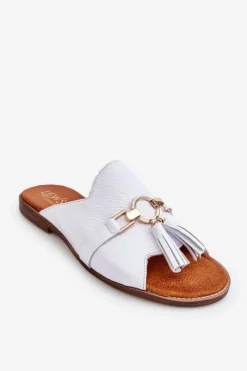 Klapki Damskie Klasyczne>Boto Damskie Skórzane Klapki Lewski Shoes 3226 Białe