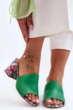 Boto Damskie Skórzane Klapki Na Obcasie Lewski Shoes 3209/K Zielone