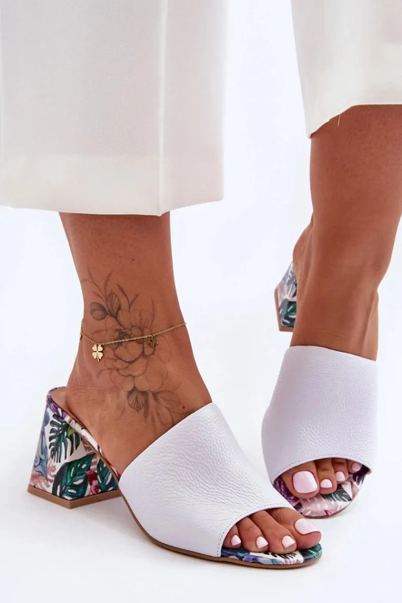 Best Damskie Skórzane Klapki Na Obcasie Lewski Shoes 3209/K Białe Damskie Klapki Na Obcasie|Klapki Damskie Klasyczne