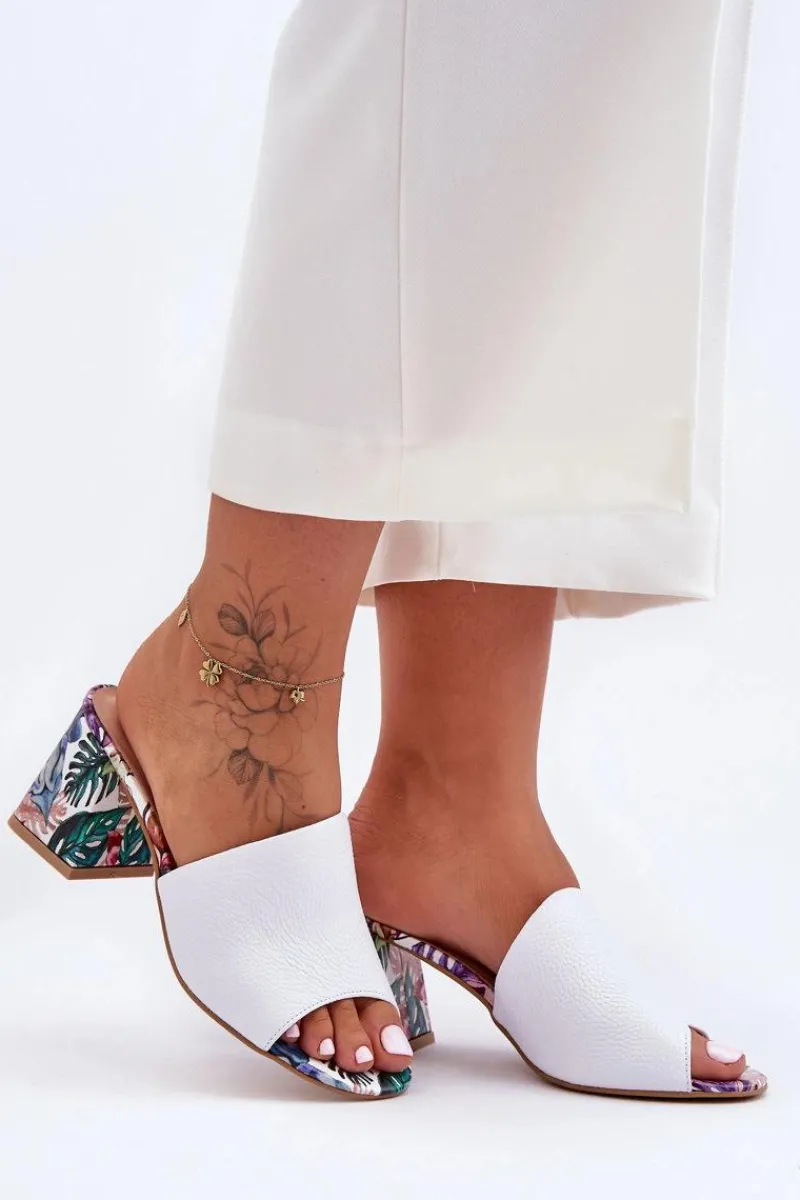 Best Damskie Skórzane Klapki Na Obcasie Lewski Shoes 3209/K Białe Damskie Klapki Na Obcasie|Klapki Damskie Klasyczne