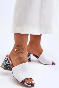 Best Damskie Skórzane Klapki Na Obcasie Lewski Shoes 3209/K Białe Damskie Klapki Na Obcasie|Klapki Damskie Klasyczne