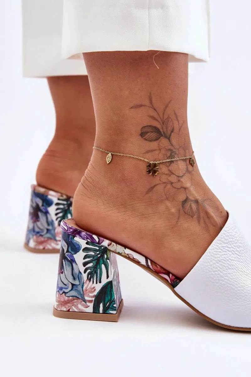 Best Damskie Skórzane Klapki Na Obcasie Lewski Shoes 3209/K Białe Damskie Klapki Na Obcasie|Klapki Damskie Klasyczne