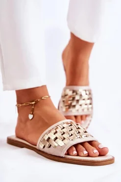 Clearance Damskie Skórzane Klapki Na Płaskim Obcasie Beżowe Hollis Damskie Klapki Damskie Klasyczne