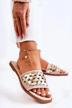 Clearance Damskie Skórzane Klapki Na Płaskim Obcasie Beżowe Hollis Damskie Klapki Damskie Klasyczne