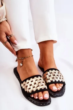 Discount Damskie Skórzane Klapki Na Płaskim Obcasie Czarne Hollis Damskie Klapki Damskie Klasyczne