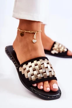 Discount Damskie Skórzane Klapki Na Płaskim Obcasie Czarne Hollis Damskie Klapki Damskie Klasyczne