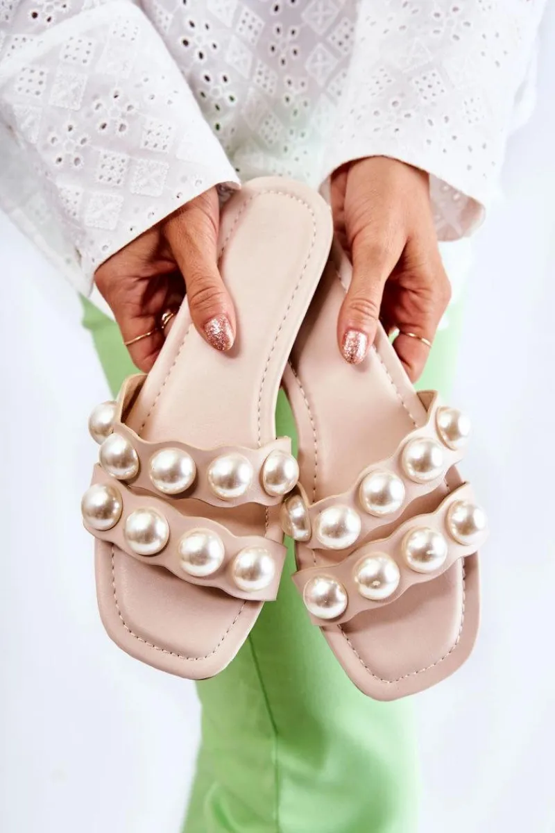 Clearance Boto Damskie Skórzane Klapki Z Ozdobnymi Perełkami Beżowe Lasello