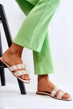 Clearance Boto Damskie Skórzane Klapki Z Ozdobnymi Perełkami Beżowe Lasello