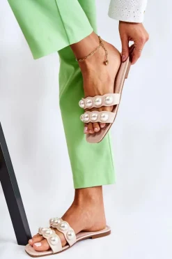 Clearance Boto Damskie Skórzane Klapki Z Ozdobnymi Perełkami Beżowe Lasello