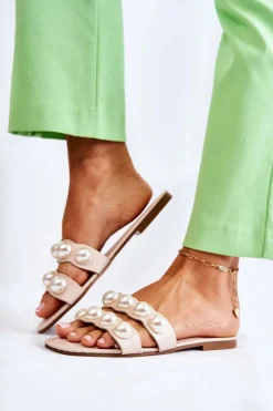 Clearance Boto Damskie Skórzane Klapki Z Ozdobnymi Perełkami Beżowe Lasello