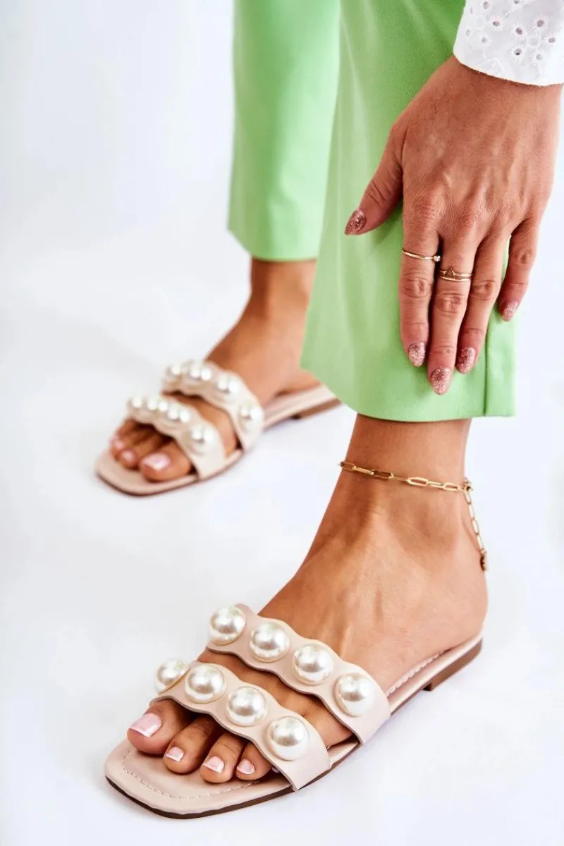 Clearance Boto Damskie Skórzane Klapki Z Ozdobnymi Perełkami Beżowe Lasello