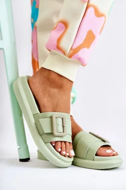 Klapki Damskie Klasyczne>Boto Damskie Skórzane Klapki Z Klamrą Zielone Devia