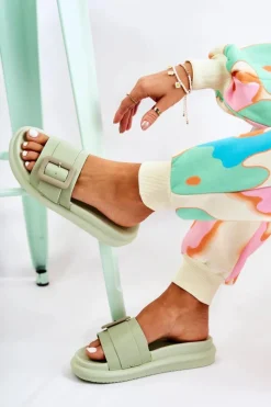 Klapki Damskie Klasyczne>Boto Damskie Skórzane Klapki Z Klamrą Zielone Devia