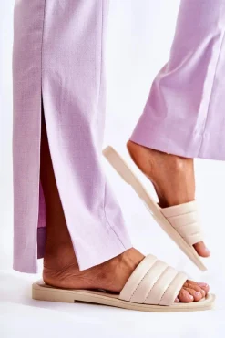 Boto Damskie Skórzane Klapki Z Pikowaniem Beżowe Raula