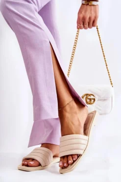 Boto Damskie Skórzane Klapki Z Pikowaniem Beżowe Raula