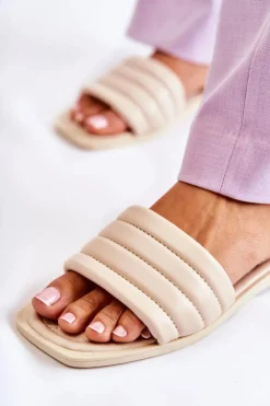 Boto Damskie Skórzane Klapki Z Pikowaniem Beżowe Raula