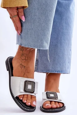 Online Damskie buty S.Barski Damskie Skórzane Klapki Z Dżetami S.Barski KV-2775-33 Srebrne