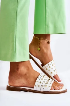 Klapki Damskie Klasyczne>Damskie buty S.Barski Damskie Skórzane Klapki Z Ozdobą Białe Brien Biały