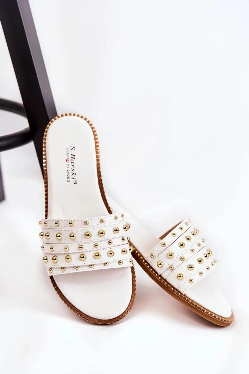 Klapki Damskie Klasyczne>Damskie buty S.Barski Damskie Skórzane Klapki Z Ozdobą Białe Brien Biały