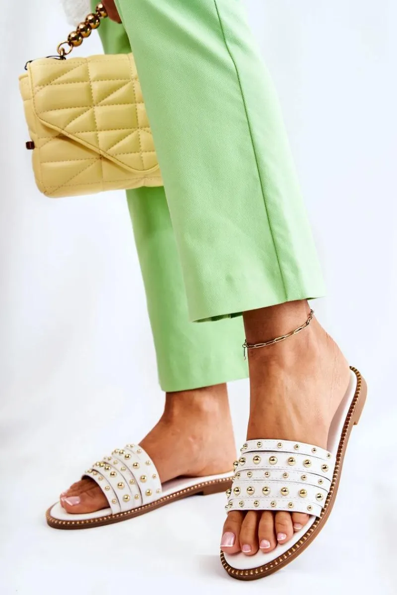 Klapki Damskie Klasyczne>Damskie buty S.Barski Damskie Skórzane Klapki Z Ozdobą Białe Brien Biały