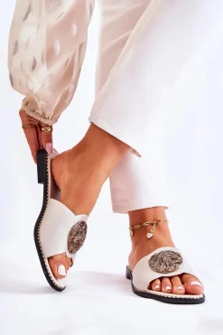 Clearance Damskie Skórzane Klapki Z Ozdobą Złote Colene Damskie Klapki Damskie Klasyczne