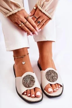 Clearance Damskie Skórzane Klapki Z Ozdobą Złote Colene Damskie Klapki Damskie Klasyczne