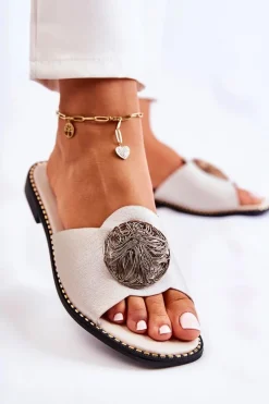 Clearance Damskie Skórzane Klapki Z Ozdobą Złote Colene Damskie Klapki Damskie Klasyczne