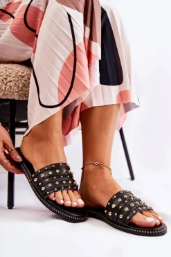 Online Damskie buty S.Barski Damskie Skórzane Klapki Z Ozdobą Czarne Brien Czarny