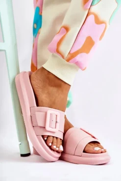 Online Boto Damskie Skórzane Klapki Z Klamrą Różowe Devia