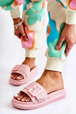 Online Boto Damskie Skórzane Klapki Z Klamrą Różowe Devia