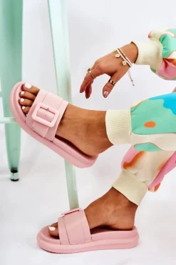 Online Boto Damskie Skórzane Klapki Z Klamrą Różowe Devia