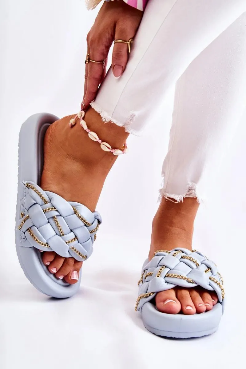 Klapki Damskie Klasyczne>Boto Damskie Skórzane Klapki Z Łańcuszkiem Niebieskie Soline