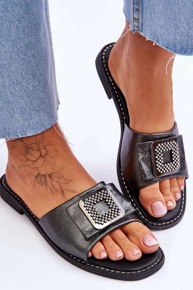 Klapki Damskie Klasyczne>Damskie buty S.Barski Damskie Skórzane Klapki Z Dżetami S.Barski KV-2775-33 Ciemnosrebrne