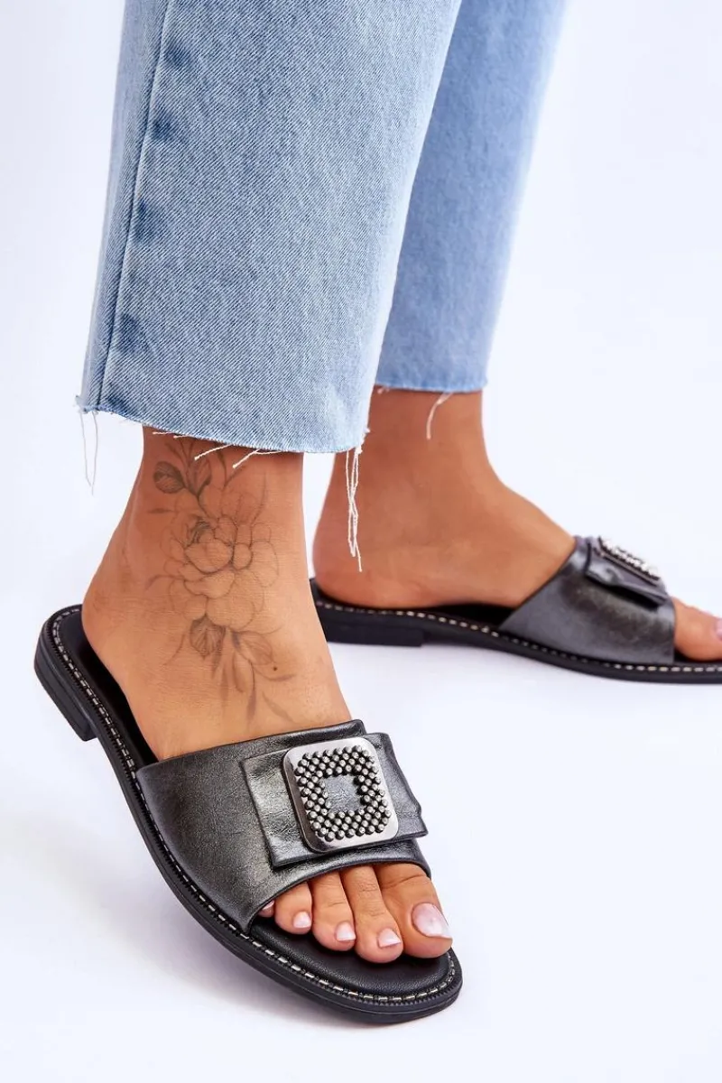 Klapki Damskie Klasyczne>Damskie buty S.Barski Damskie Skórzane Klapki Z Dżetami S.Barski KV-2775-33 Ciemnosrebrne