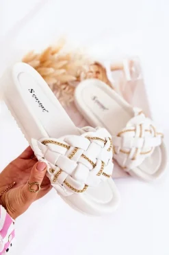 Sale Damskie Skórzane Klapki Z Łańcuszkiem Białe Soline Damskie Klapki Damskie Klasyczne