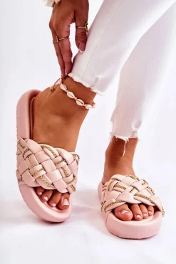 Outlet Boto Damskie Skórzane Klapki Z Łańcuszkiem Różowe Soline