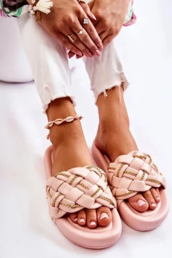 Outlet Boto Damskie Skórzane Klapki Z Łańcuszkiem Różowe Soline