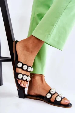 Klapki Damskie Klasyczne>Boto Damskie Skórzane Klapki Z Ozdobnymi Perełkami Czarne Lasello