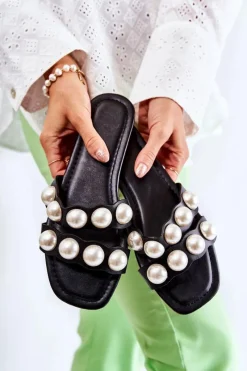 Klapki Damskie Klasyczne>Boto Damskie Skórzane Klapki Z Ozdobnymi Perełkami Czarne Lasello