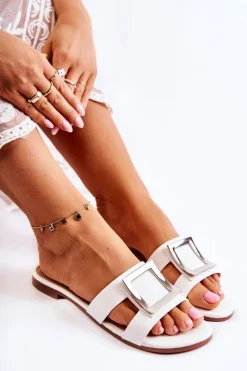 Online Boto Damskie Skórzane Klapki Z Ozdobą Białe Roysa