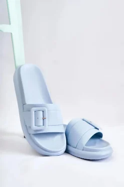 New Damskie Skórzane Klapki Z Klamrą Niebieskie Devia Damskie Klapki Damskie Klasyczne